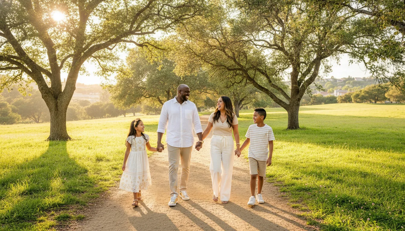 A family walking together through a sunlit green park near Roseville, California