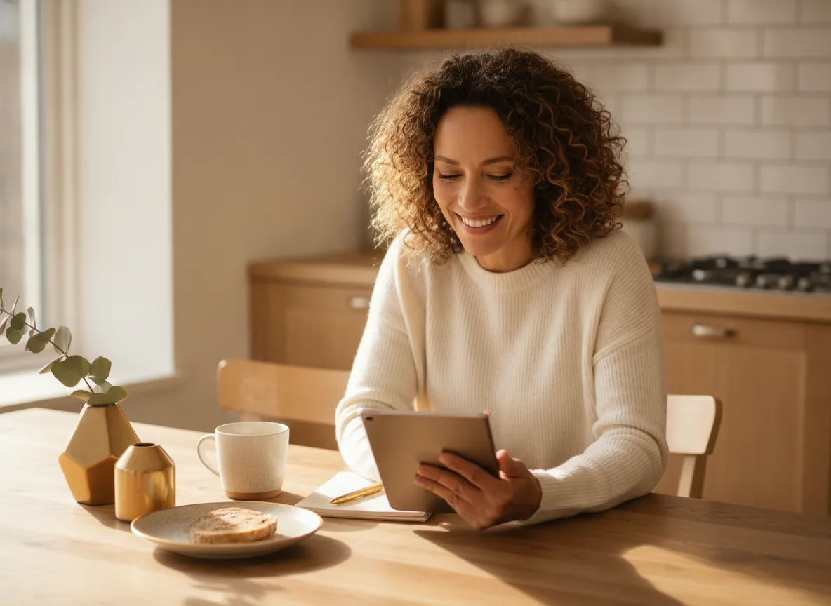 A patient comfortably reviewing information at home before her visit